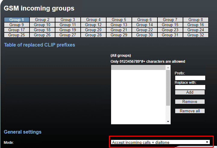 GSM incoming groups — Mode